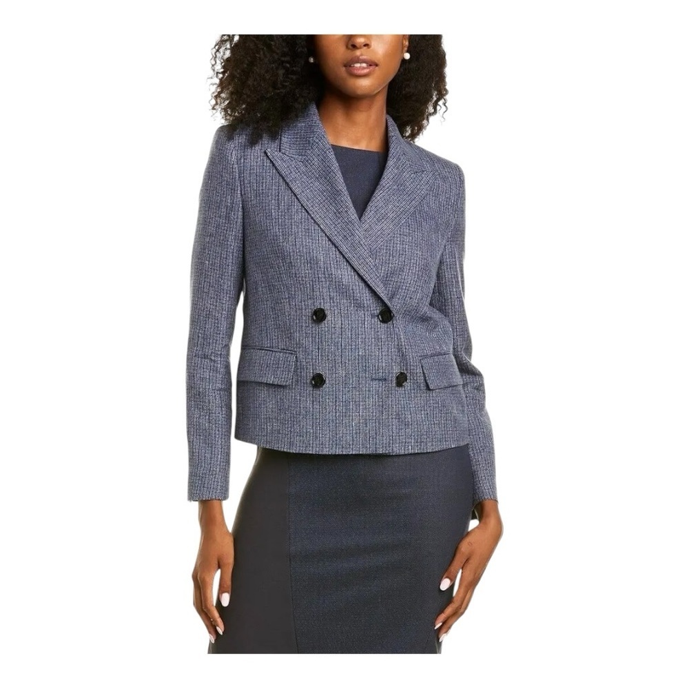 BOSS Hugo Boss Joia Linen Blazer Check Plaid Wash Denim Double Breasted Boxy 4